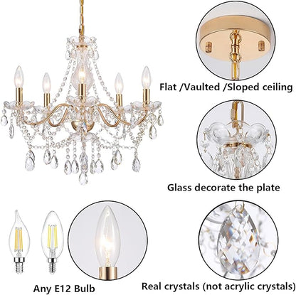AMZASA Crystal Gold Chandelier, Glass Crystal Hanging Pendant Lighting, 5 Light French Country Gold Crystals Chandelier for Ceiling Medallions,Wedding,Dining,Kitchen, Foyer,Dia 20'' Golden