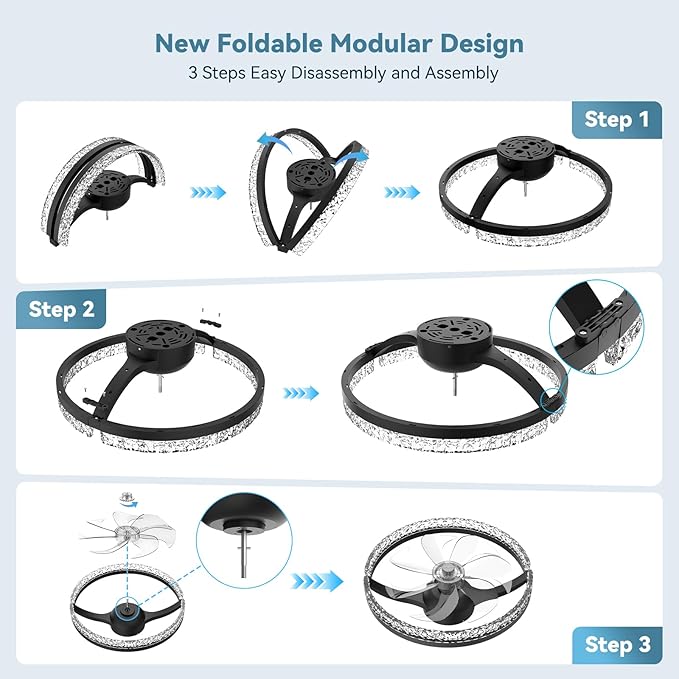 AIKVSXER Ceiling Fans with Lights,20 Inch Low Profile Fandelier with APP Control, Ultra Quiet,3CCT and 6 Wind Speeds for Bedroom, Living Room Modern Flush Mount Fan Light (Black, 20inch-Crystal Fold)