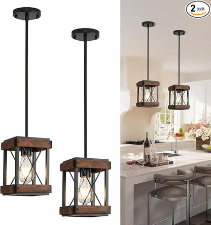 Genuine Wood Farmhouse Pendant Light, 2 Pack Rustic Farmhouse Linear Chandelier with Wood and Metal Cage, Kitchen Island Pendant Light Adjustable Height for Dining Room Light Kitchen Island Bedroom