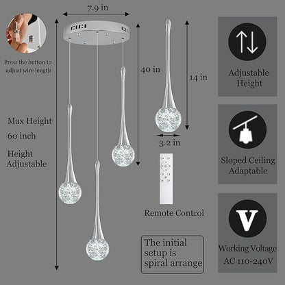 Modern Crystal Kitchen Island Chandelier 3-Lights Chrome, LED Dimmable Raindrop Indoor Lighting Fixture for Dining Room Foyer Entryway Remote Control
