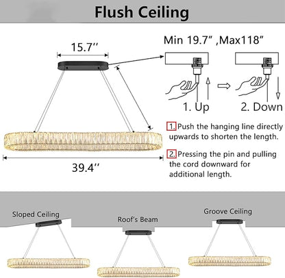 HAIXIANG LED Long Chandeliers for Dining Table Modern Chandelier Dimmable Pendant Lights Crystal Rectangular Glam Lighting Fixtures for Dining Room Kitchen Island Black