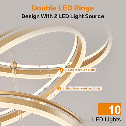 Benkut 5-Rings Modern LED Chandelier Gold Dimmable Large High Ceiling Chandeliers Foyer, Remote Pendant Lighting for Foyer Entryway Dining Room Living Room Staircase(10-Ring Lighting, D30in)