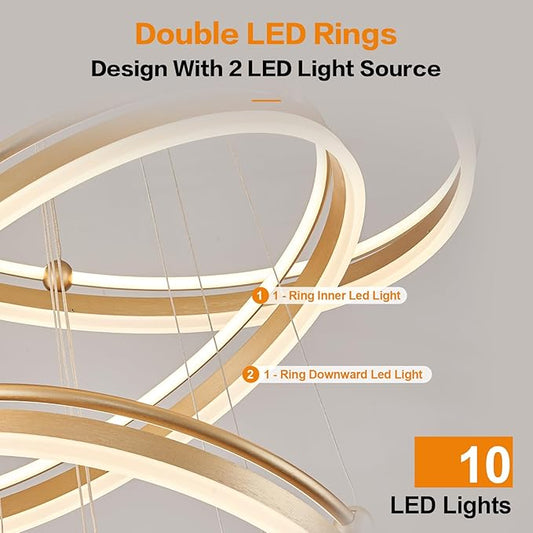 Benkut 5-Rings Modern LED Chandelier Gold Dimmable Large High Ceiling Chandeliers Foyer, Remote Pendant Lighting for Foyer Entryway Dining Room Living Room Staircase(10-Ring Lighting, D30in)