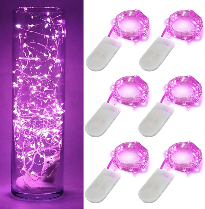 6 Pack Fairy Lights Battery Operated No Remote LED Starry String Lights 30 Micro Starry LEDs on 10ft Copper Wire Light for DIY Wedding Centerpiece Table Decorations (Pink)