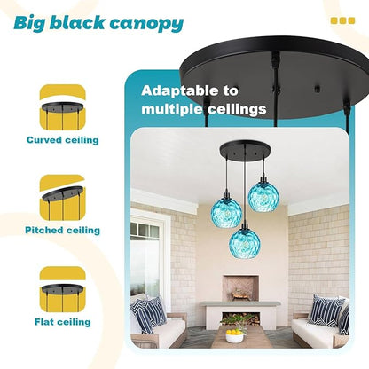3-Light Kitchen Island Pendant Light with Blue Glass Shades, Adjustable Black Hanging Ceiling Lamp, Mid Century Modern Chandelier for Dining Room, Breakfast Bar, Farmhouse