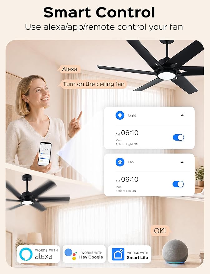52 Inch Smart Ceiling Fan with LED Lights and WiFi Alexa APP Remote,Modern Black Ceiling Fan with ABS Blades,3CCT,6 Speed,Quiet Reversible DC Motor Indoor Outdoor Fan for Patio,Garage,Bedroom