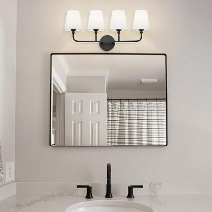 Bathroom Light Fixtures, 4 Light Matte Black Vanity Lights with Flared White Fabric Shade, 28 Inch Wall Sconce, Modern Sconces Wall Lighting for Hallway Bedroom, VL837-MB-4