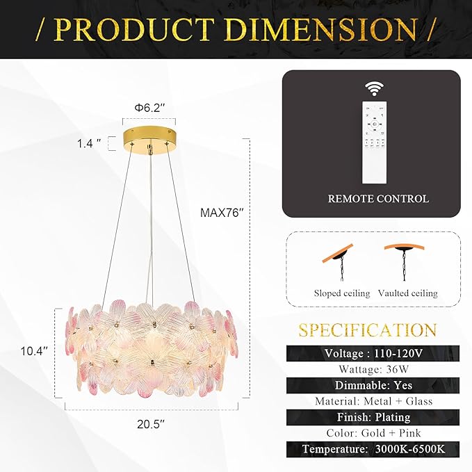 Modern Pink Flower Chandelier 20'' Gold Crystal Light Fixture Dimmable LED Ceiling Pendant Lighting with Remote Control Contemporary for Dining Room Entryway Bedroom Kitchen(3000K-6500K)