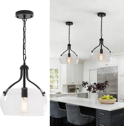 1-Lights Modern Pendant Lights Kitchen Island, Matte Black Pendant Light Fixtures with 11.8" Clear Glass Shade, Industrial Hanging Chandelier for Kitchen Entryway Bedroom Foyer