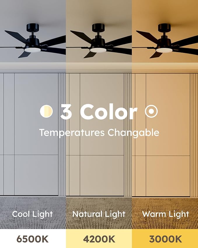 46 Inch Ceiling Fans with Lights and Remote, Black Ceiling Fan, Downrod Style with 5 Blades, Modern Design For Indoor Bedroom Living Room/Outdoor, 6 Speed Reversible DC Motor, 3CCT Dimmable LED