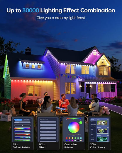 ASAHOM AI Permanent Outdoor Lights S107B, 100FT with 72 RGBCW LED Lights, 30,000 Lighting Effect, Controller with Dual Output, Extend to 800FT, Cuttable for House Outdoor Decor Daily Lighting, Black