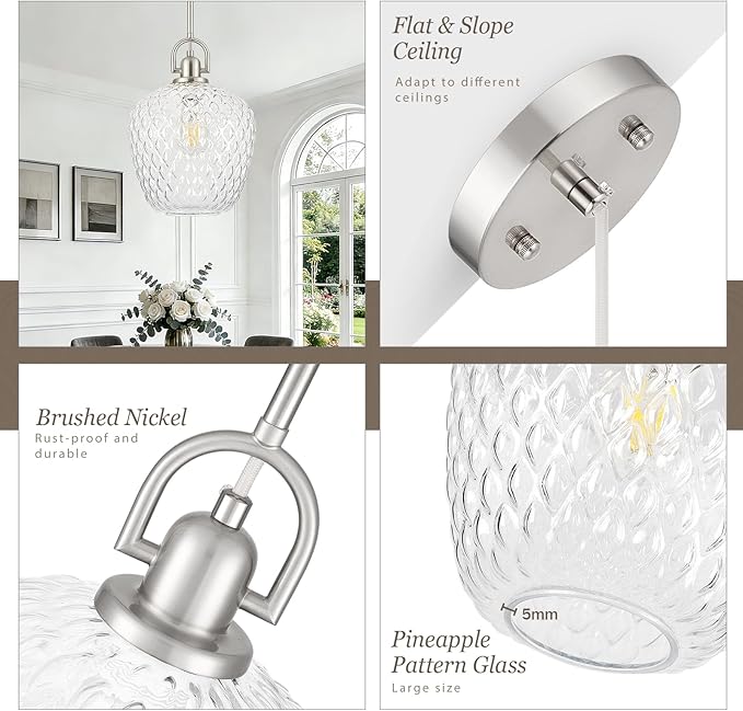 Large Glass Pendant Lights Kitchen Island, 10" 1-Light Brushed Nickel Pendant Light Fixtures with Clear Hammered Glass, Modern Hanging Light for Kitchen Island Dining Room Entryway Foyer