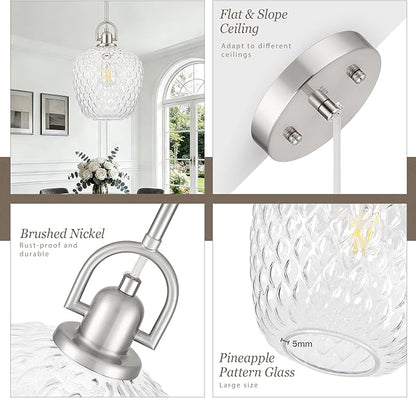 Large Glass Pendant Lights Kitchen Island, 10" 1-Light Brushed Nickel Pendant Light Fixtures with Clear Hammered Glass, Modern Hanging Light for Kitchen Island Dining Room Entryway Foyer