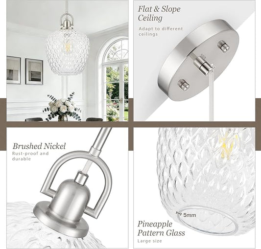Large Glass Pendant Lights Kitchen Island, 10" 1-Light Brushed Nickel Pendant Light Fixtures with Clear Hammered Glass, Modern Hanging Light for Kitchen Island Dining Room Entryway Foyer