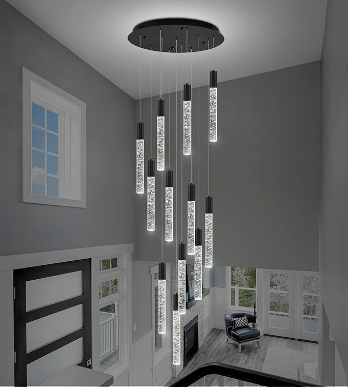 Modern High Ceiling Crystal Chandelier 12-Lights, Large Spiral LED Raindrop Foyer Pendant Lighting, Bubble Staircase Living Room Hanging Light Fixture Flush Mount Black