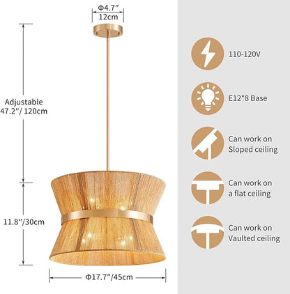 Shrine Lighting French Gold Boho Chandelier, Modern Design, Boho Drum Pendant Light for Dining Room, D18'' x H12'', Adjustable 47'', E12*8 Sockets, Jute Rope Lampshade&French Gold Finish Frame