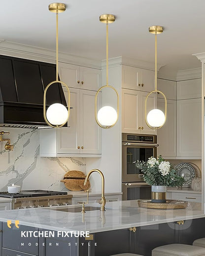 AUTELO Pendant Lights Kitchen Island, 2 Pack Brushed Gold Farmhouse Pendant Lights with Milky White Globe Hanging Lamp, Adjustable Rods for Kitchen Bar Living Room, H9376 MGBG-2PK