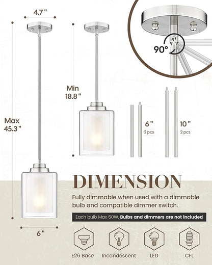 TENGXIN Modern Pendant Light,6-INCH Brushed Nickel Modern Pendant Light for Kitchen Island,Hanging Ceiling Light Fixture,Farmhouse Pendant Lighting for Dining Room Bedroom Bar Office,TXPLBN02-L