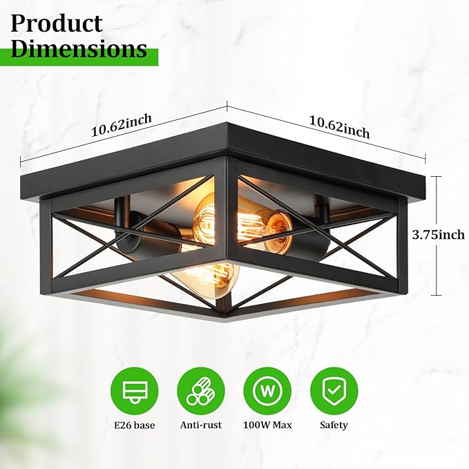 Kondras 2-Light Farmhouse Ceiling Light Fixture, Industrial Square Flush Mount Ceiling Light, Modern Black Metal Hallway Ceiling Lighting Fixture for Kitchen Entryway Living Room Bathroom Porch