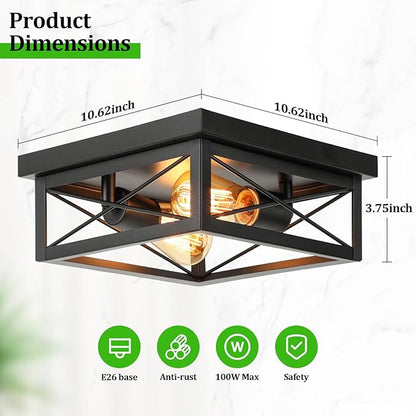 Kondras 2-Light Farmhouse Ceiling Light Fixture, Industrial Square Flush Mount Ceiling Light, Modern Black Metal Hallway Ceiling Lighting Fixture for Kitchen Entryway Living Room Bathroom Porch