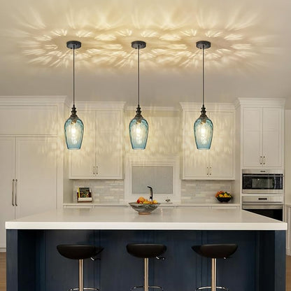 Glass Pendant Lights Kitchen Island, Modern Farmhouse Blue Hanging Indoor Kitchen Island Pendant Lighting, Adjustable Cable, Hand Blown Glass Shade & E26 Base for Bathroom, Hallway, 2 Pack