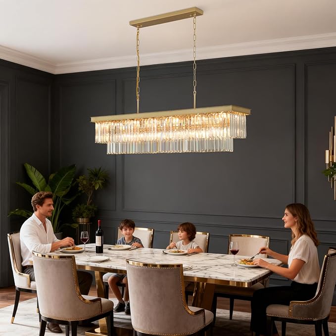 Weesalife Crystal Chandeliers for Dining Room Light Fixtures Over Table，18-Lights Gold Modern Rectangle Chandeliers for Kitchen Island Bar L46 Inch