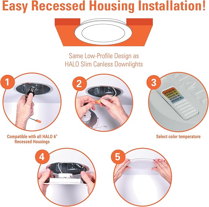 HALO HLBT 4 Pack 6 in Slim LED Recessed Light Trim with Selectable Color Temperature 2700K, 3000K, 3500K, 4000K, 5000K Dimmable Wet Location Indoor Outdoor New Construction Remodel - HLBT609FS5-4PK