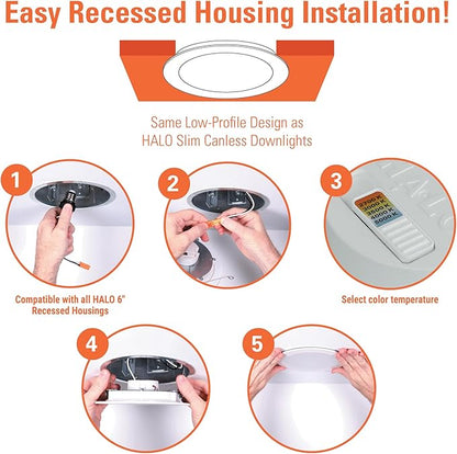 HALO HLBT 4 Pack 6 in Slim LED Recessed Light Trim with Selectable Color Temperature 2700K, 3000K, 3500K, 4000K, 5000K Dimmable Wet Location Indoor Outdoor New Construction Remodel - HLBT609FS5-4PK