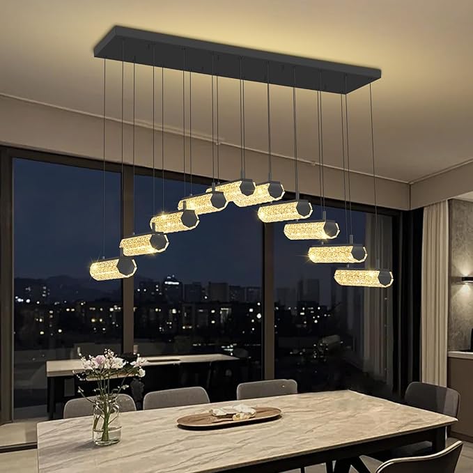 Crystal Ring Chandelier for Dining Room,Black 10 Lights Rectangular Crystal Pendant Lights Over Table Modern Linear Crystal Chandelier Dimmable with Remote Control
