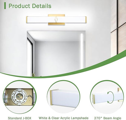 24 Inch Bathroom Vanity Light 2500LM, 5700K Daylight White Modern Bathroom Light Dimmable, AC 120V 25W Gold LED Vanity Lighting Fixtures Wall Sconce ETL Certified, 2Pack