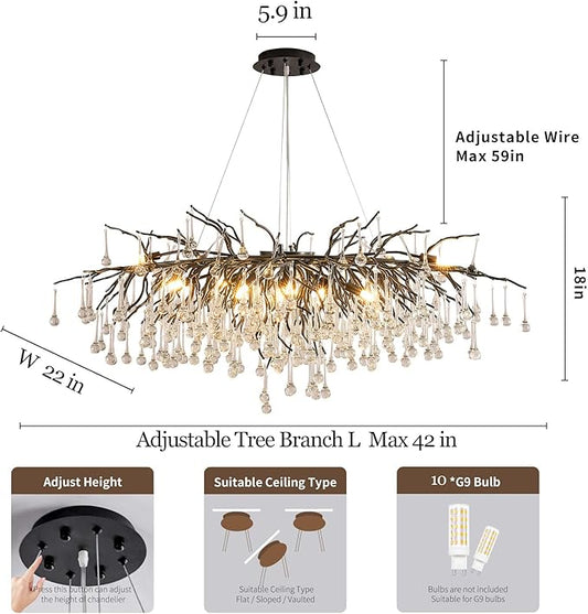 Modern Crystal Raindrop Chandelier, L40'' Black Linear Rectangle Art Deco Tree Branch Lighting Fixture for Kitchen Island Living Room Foyer Staircase 10 Lights