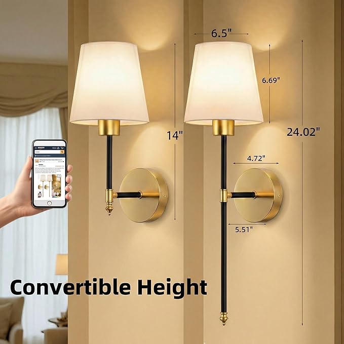 IRONPAX Wall Sconces Battery Operated Set of 2, Wireless Rechargeable Wall Sconce Set of Two, Dimmable Wall Lights with Remote for Bedroom Living Room Hallway Decor (Black-Gold, Fabric Shade)
