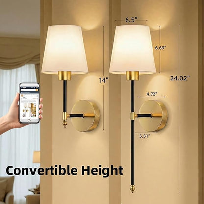 IRONPAX Wall Sconces Battery Operated Set of 2, Wireless Rechargeable Wall Sconce Set of Two, Dimmable Wall Lights with Remote for Bedroom Living Room Hallway Decor (Black-Gold, Fabric Shade)