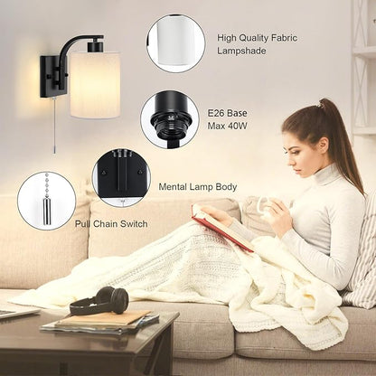 Lightess Pull Chain Wall Sconces Set of 2, Hardwire Wall Light Fixture with ON/Off Switch, White Fabric Lighting for Bedroom Living Room, Black (Bulbs Not Included)