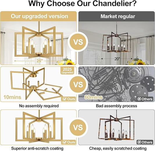 25" Modern Gold Chandelier for Dining Room, No Assembly Required Gold Dining Room Light Fixture Over Table, Industrial Metal Hanging Pendant Lights Fixture for Kitchen Island, Entryway, Foyer