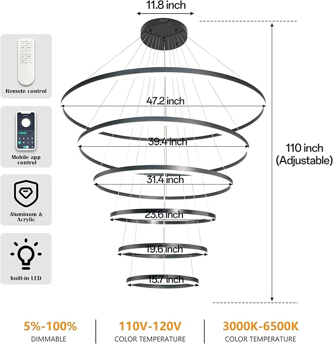 6 Rings Pendant Lights 47.2'' Modern Black Led Chandelier Dimmable Height Adjustable Chandeliers Color Temperature Black Chandelier Led Pendant Light for Dining Room Bedroom Entryway