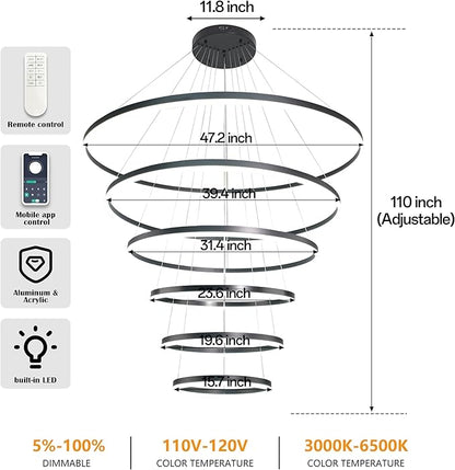 6 Rings Pendant Lights 47.2'' Modern Black Led Chandelier Dimmable Height Adjustable Chandeliers Color Temperature Black Chandelier Led Pendant Light for Dining Room Bedroom Entryway