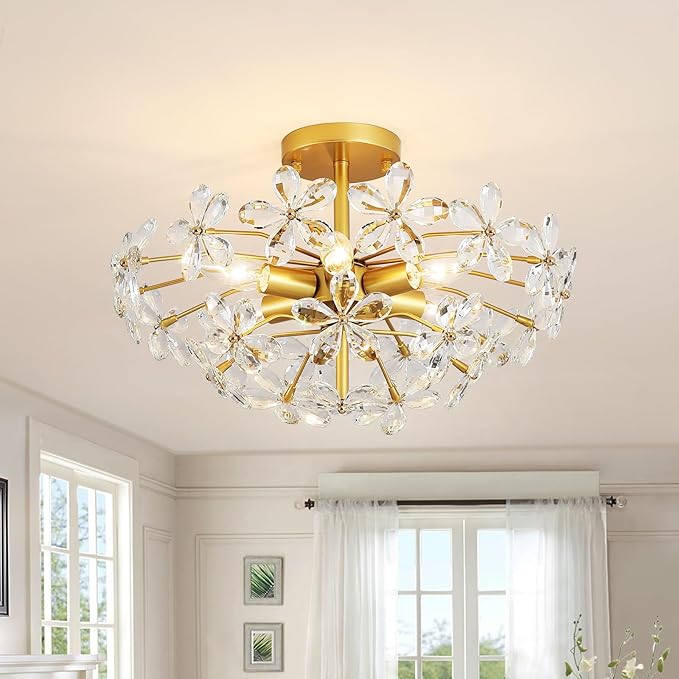 Gold Flower Crystal Ceiling Light 18'' Vintage Semi Flush Mount Light Fixture 6-Light Farmhouse Chandelier for Dining Room, Living Room, Kitchen, Bedroom, Entryway, E12 Base (AJ9010)