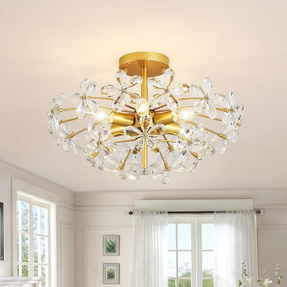 Gold Flower Crystal Ceiling Light 18'' Vintage Semi Flush Mount Light Fixture 6-Light Farmhouse Chandelier for Dining Room, Living Room, Kitchen, Bedroom, Entryway, E12 Base (AJ9010)
