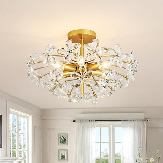 Gold Flower Crystal Ceiling Light 18'' Vintage Semi Flush Mount Light Fixture 6-Light Farmhouse Chandelier for Dining Room, Living Room, Kitchen, Bedroom, Entryway, E12 Base (AJ9010)