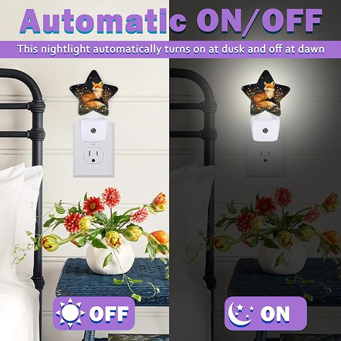 Night Lights Plug Into Wall Decorative,Fox Animal Nightlights for Kids Bedroom, Wildflowers Energy Efficient Dusk-to-Dawn Sensor Sleep Friendly Lamp for Nursery Bathroom
