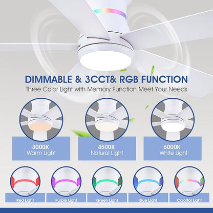 Surtime 46" White Ceiling Fans with RGB Lights - Flush Mount Ceiling Fan Light with LED 3CCT Dimmable, Modern Low Profile Ceiling Fans for Indoor Party,Covered Outdoor