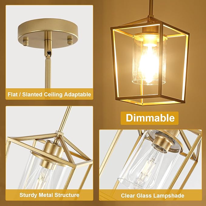 3 Pack Gold Pendant Lights, Modern Farmhouse Kitchen Pendant Lighting Over Island, Metal Cage Hanging Lights with Clear Glass Shade for Kitchen Island, Dining Room, Entryway, Hallway