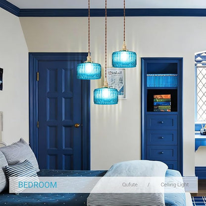 Mid Century 3-Light Blue Glass Chandelier Globe Cluster Chandeliers with Striped Round Shade Modern Large Glass Ceiling Pendant Light Fixtures for Kitchen Island Staircase Dining Room
