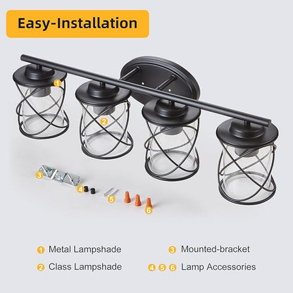 4-Lights Bathroom Light Fixtures, Matte Black Modern Vanity Light Over Mirror, Bathroom Wall Lamp for Mirror Kitchen Living Room Hallway Porch, Farmhouse Wall Lights with Clear Glass Cage Shade