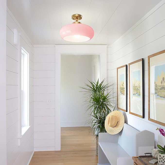 Pink Glass Ceiling Light Fixture, Blush Retro Flush Mount for Girls Room Nursery, Bedroom, 15.74 Inch Vintage Ceiling Light with Gold Metal Base, E26 Socket (Bulb Not Included)