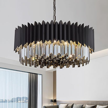 Black Crystal Chandelier 23.62'' K9 Smoke Crystal Round Pendant Lights 8 Lights 5-Tier Large Modern Chandelier for Dining Room Living Room Bedroom Foyer Entryway
