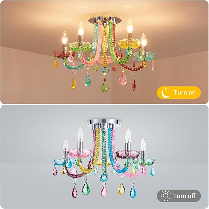 5-Light Children Candle Chandeliers, Modern Candy Design Flushmount Light Fixture for Bedroom, Dining Room, Kitchen, Bathroom, D22×H16 inch, Clear Rainbow Color Finish & K9 Crystal
