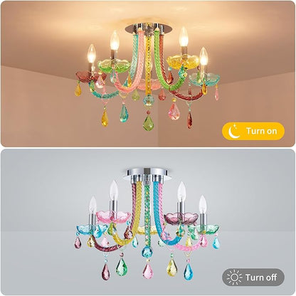 5-Light Children Candle Chandeliers, Modern Candy Design Flushmount Light Fixture for Bedroom, Dining Room, Kitchen, Bathroom, D22×H16 inch, Clear Rainbow Color Finish & K9 Crystal