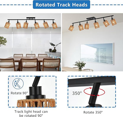 MELUCEE Ceiling Track Lighting Kits 6 Light Farmhouse Bathroom Light Fixtures with Flexibly Rotatable Light Head, Black Spotlights with Rattan Lamp Shade for Hallway Porch Foyer Bath